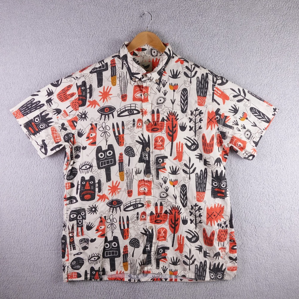 Yiume Mens XXL Short Sleeve Button Down Shirt White Orange Tribal Graphic Cotton